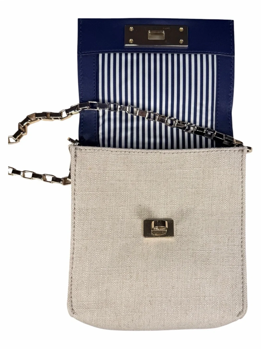 Kate Spade Navy Leather Beige Canvas Gold Chain Crossbody Mini Shoulder Bag
